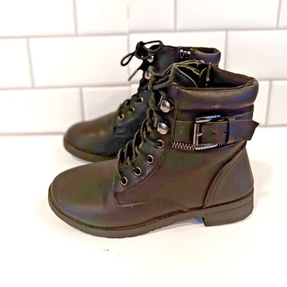 Mudd Youth Size 2 Black Combat Style Boots with Tie & Zip Up‎ w Zippers & Buckle